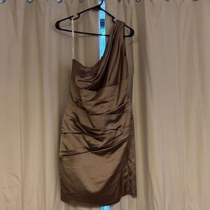 David's Bridal One-Shoulder Satin Dress champagne colored with matching sash